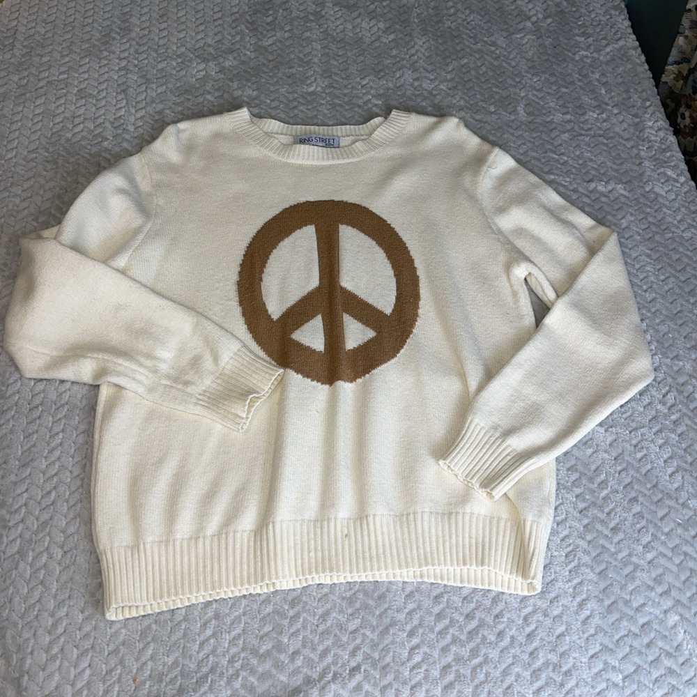 Ring Street Womens Sweater‎ L Peace Symbol Knit Festive Hobo Soft Retro